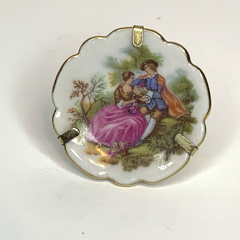 Vintage Limoges Fragonard Courting Couple Miniature Plate Stand Gold Pink